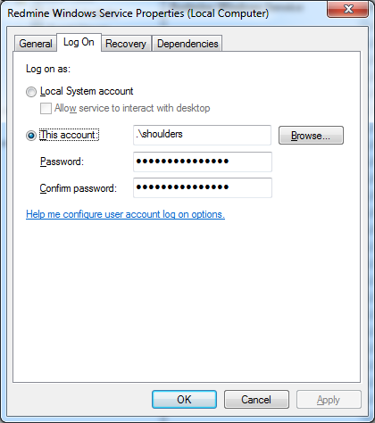 redmine windows service properties