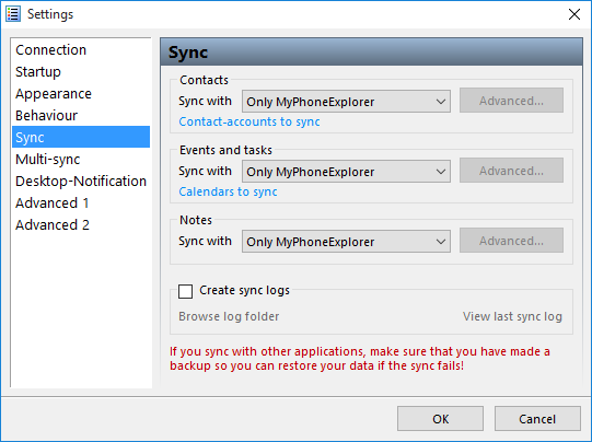 MyPhoneExplorer default Sync settings