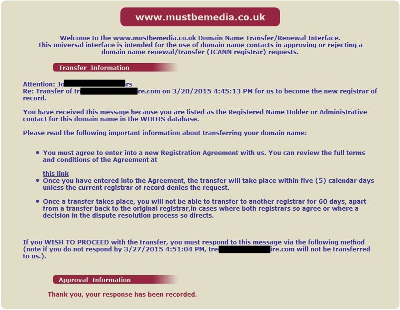 Universal Interface for domain transfer and renewal approval confirmation