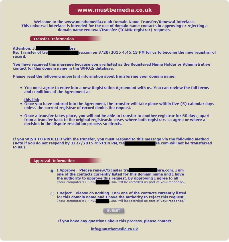 Universal Interface for domain transfer and renewal approval request