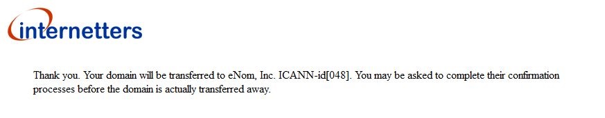 internetters Your domain will be transferred to eNom