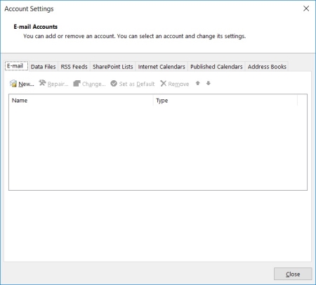 Outlook software - Account Settings (Empty)