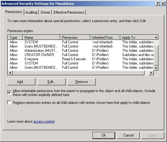 Advanced Security Settings for Mandatory 2