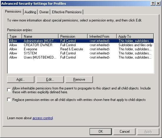 Advanced Security Settings for Profiles