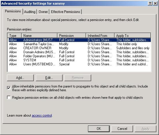 Advanced Security Settings for Sammy